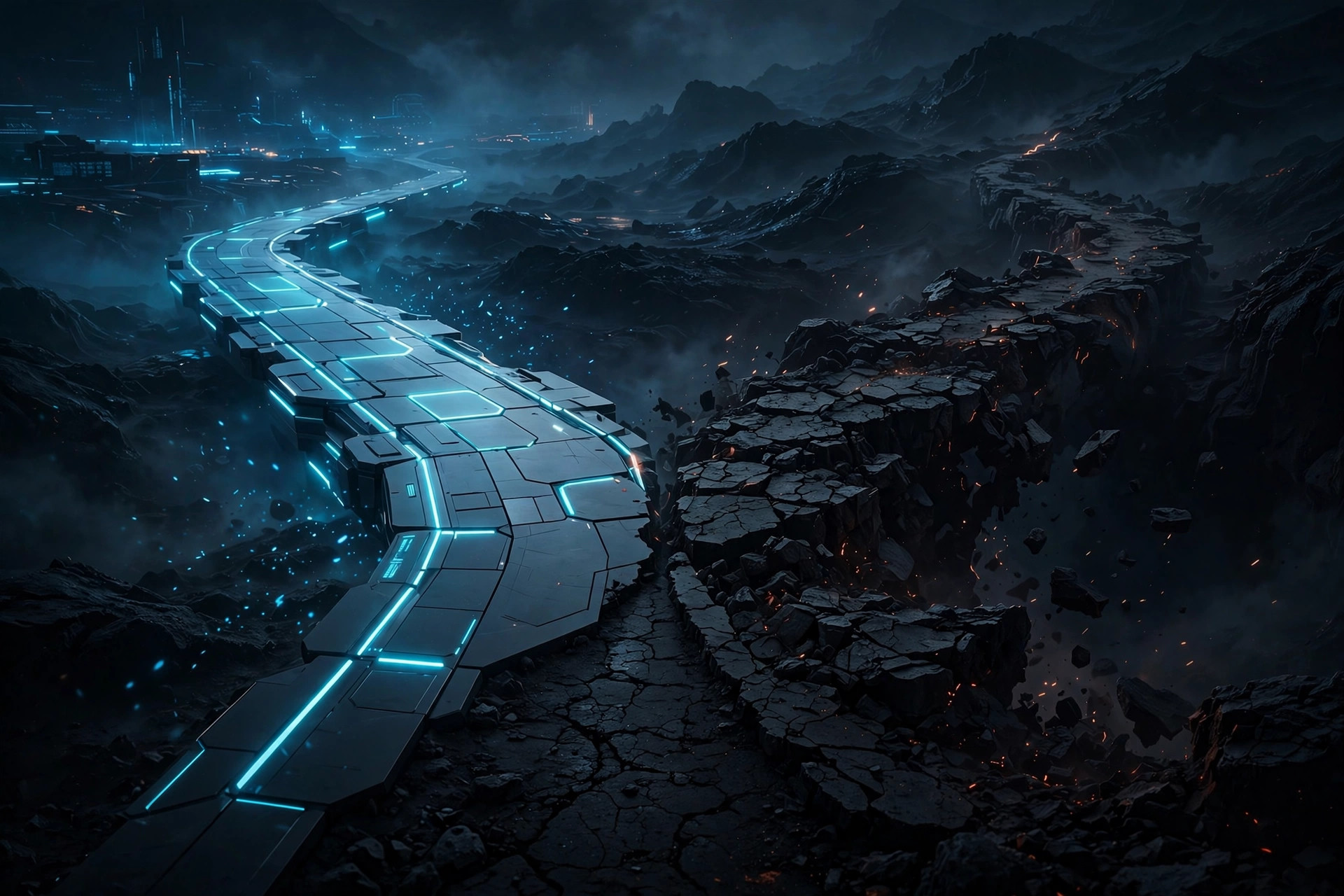 A bright structured path diverging from a crumbling dark path in a digital landscape