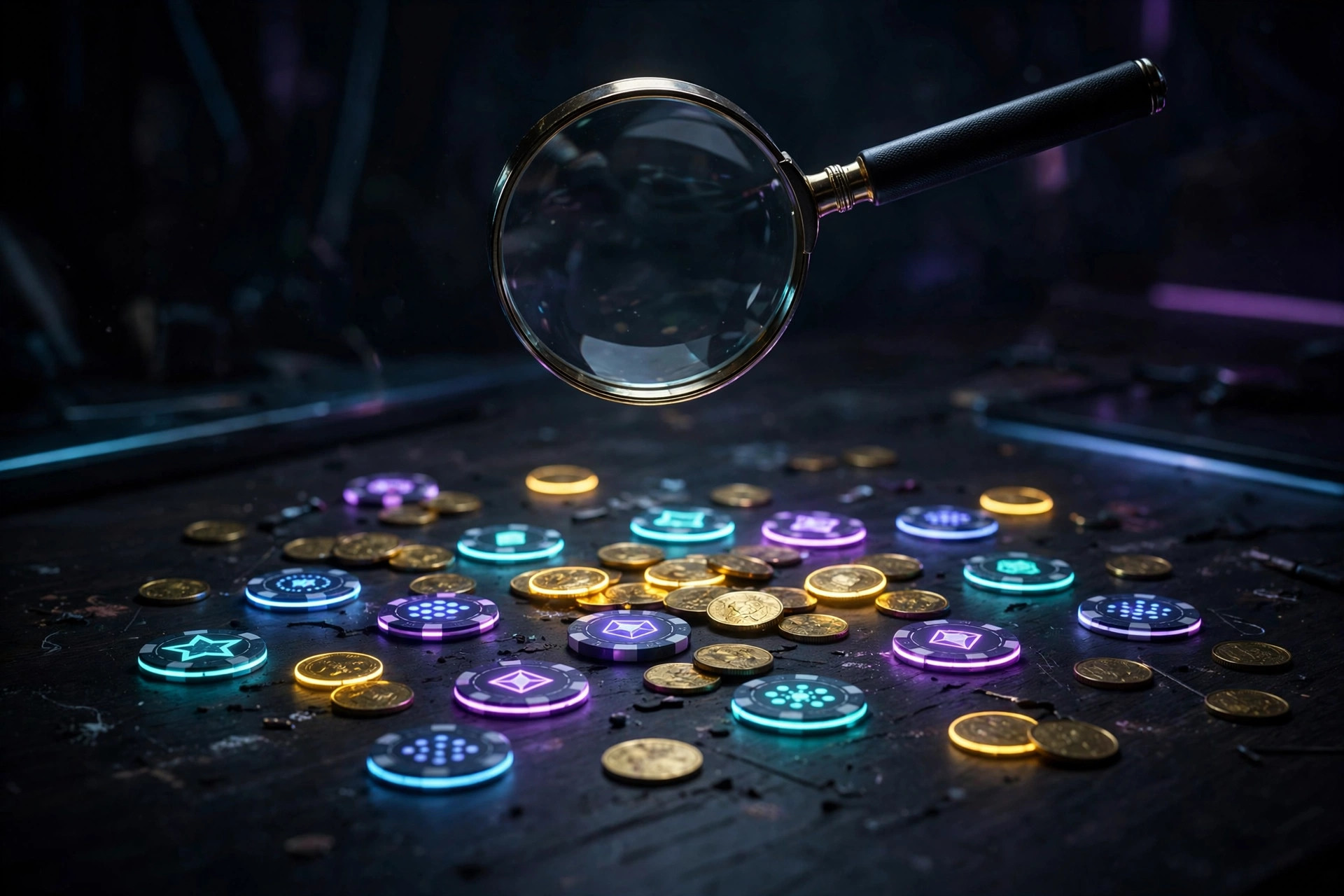 Magnifying glass over glowing game tokens and coins scattered on a dark desk