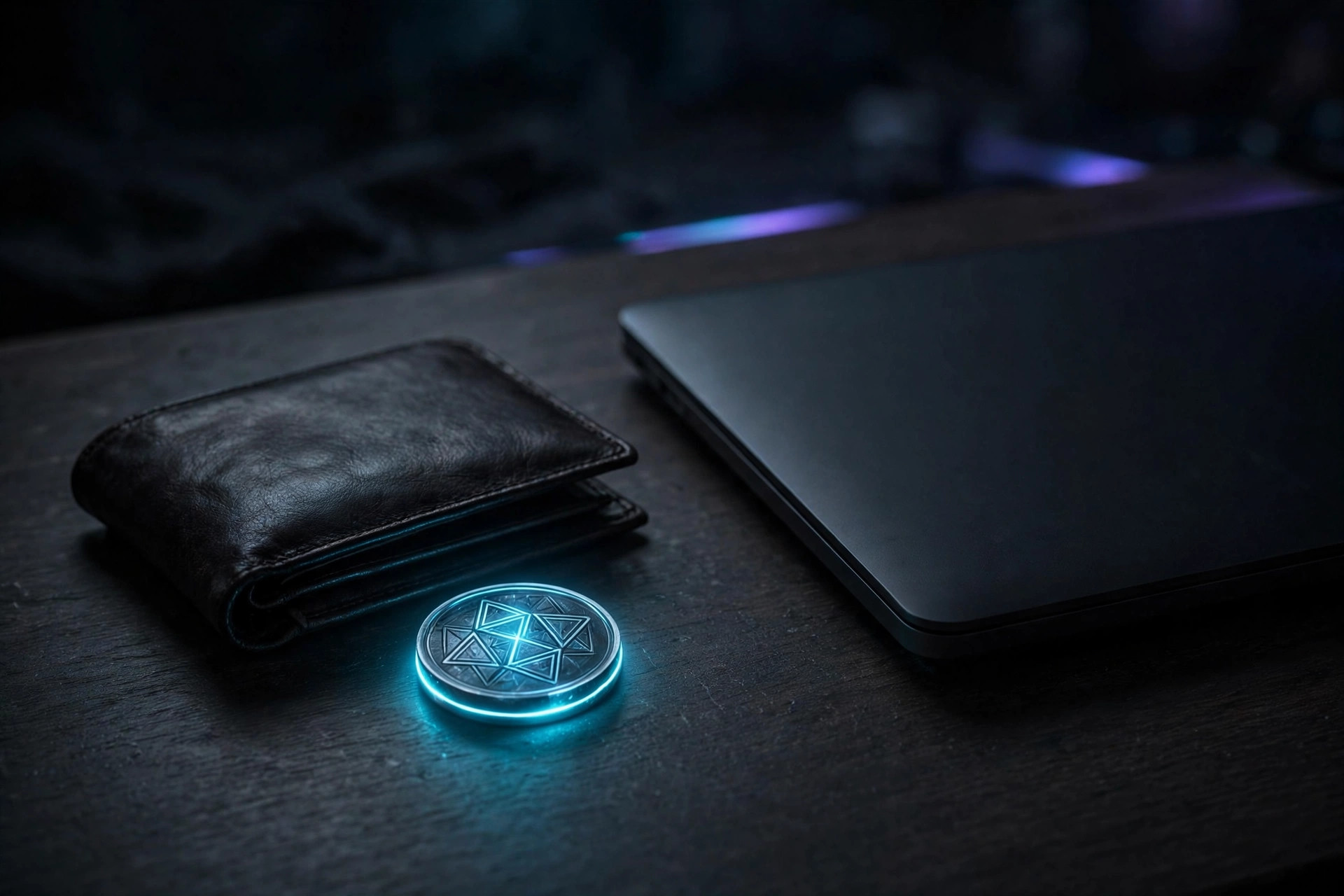 A glowing token beside a dark leather wallet on a desk next to a closed laptop