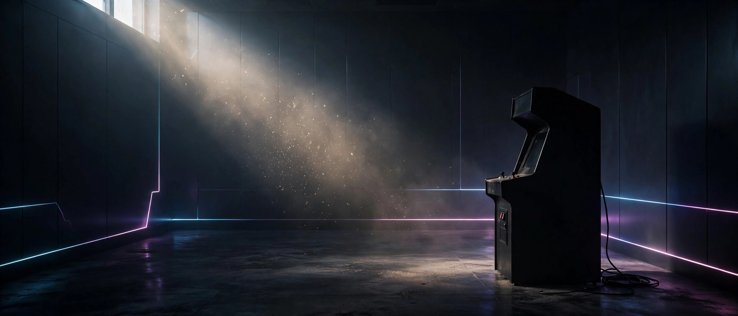 An empty dark arcade room with a single unplugged game cabinet in a beam of light