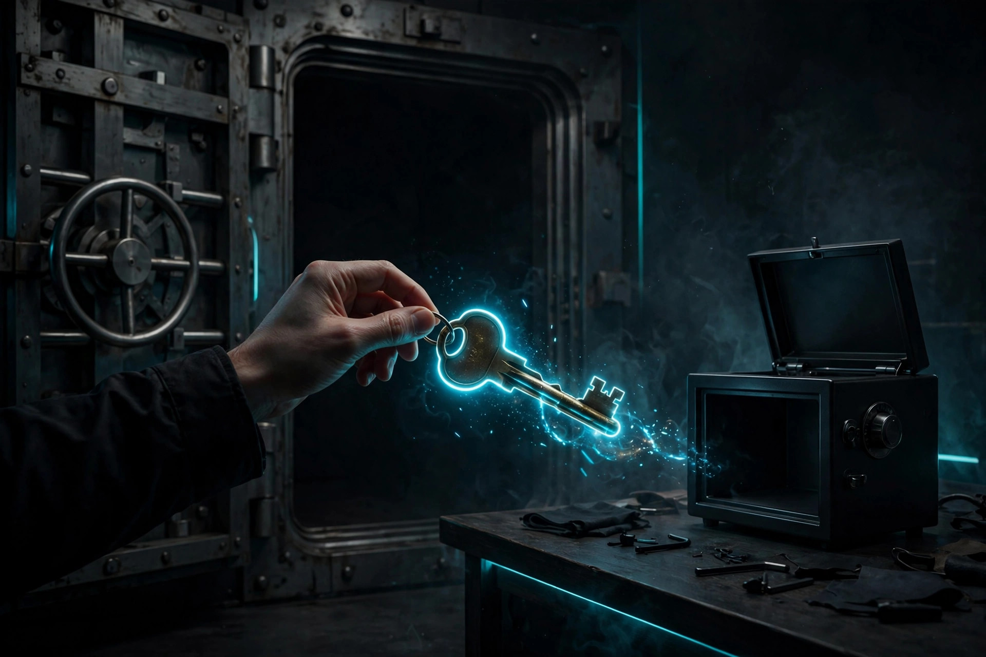 A hand moving a glowing key from a large vault door toward a small personal safe