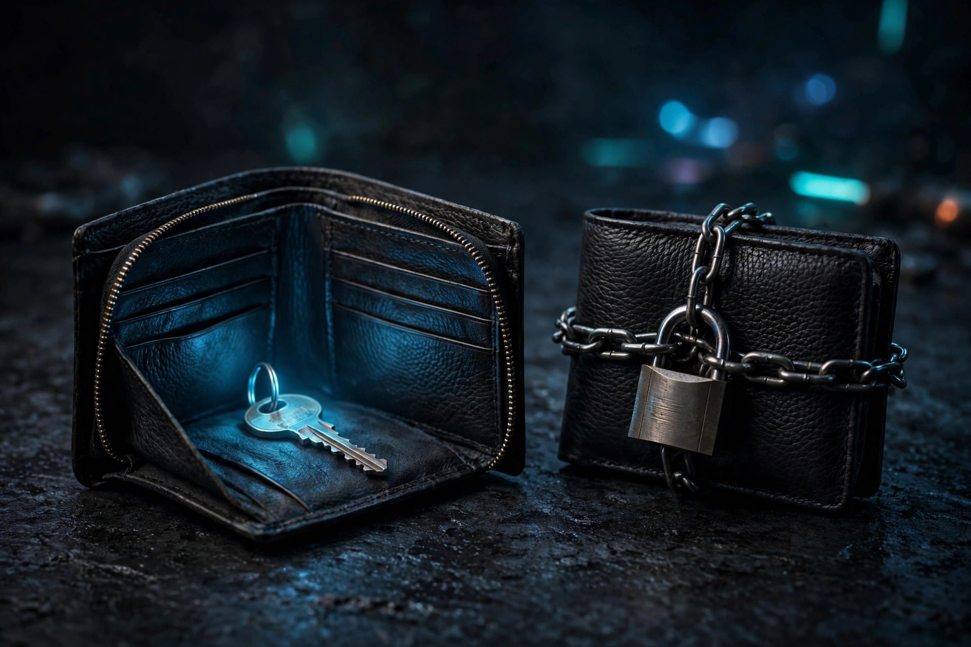An open wallet holding a glowing key beside a chained and padlocked wallet